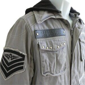 Rising Phoenix Affliction Jacket Gray Canvas Black Fur Lined Thermal Hoodie